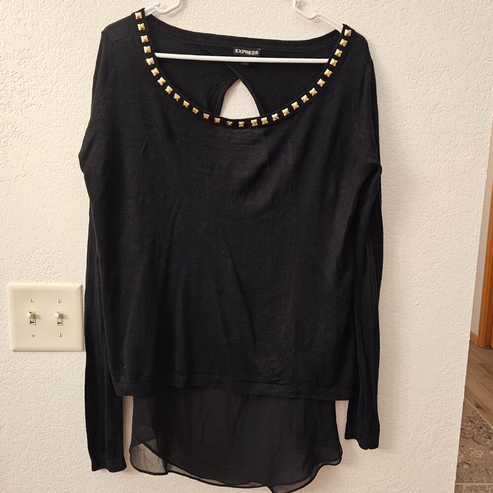 EXPRESS Black silk Top Over Sheer Tank Size L Gold Accents at Neckline